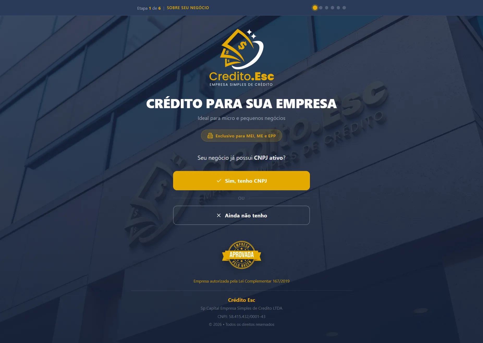 Crédito Esc — formulário de crédito empresarial multi-etapas sob medida